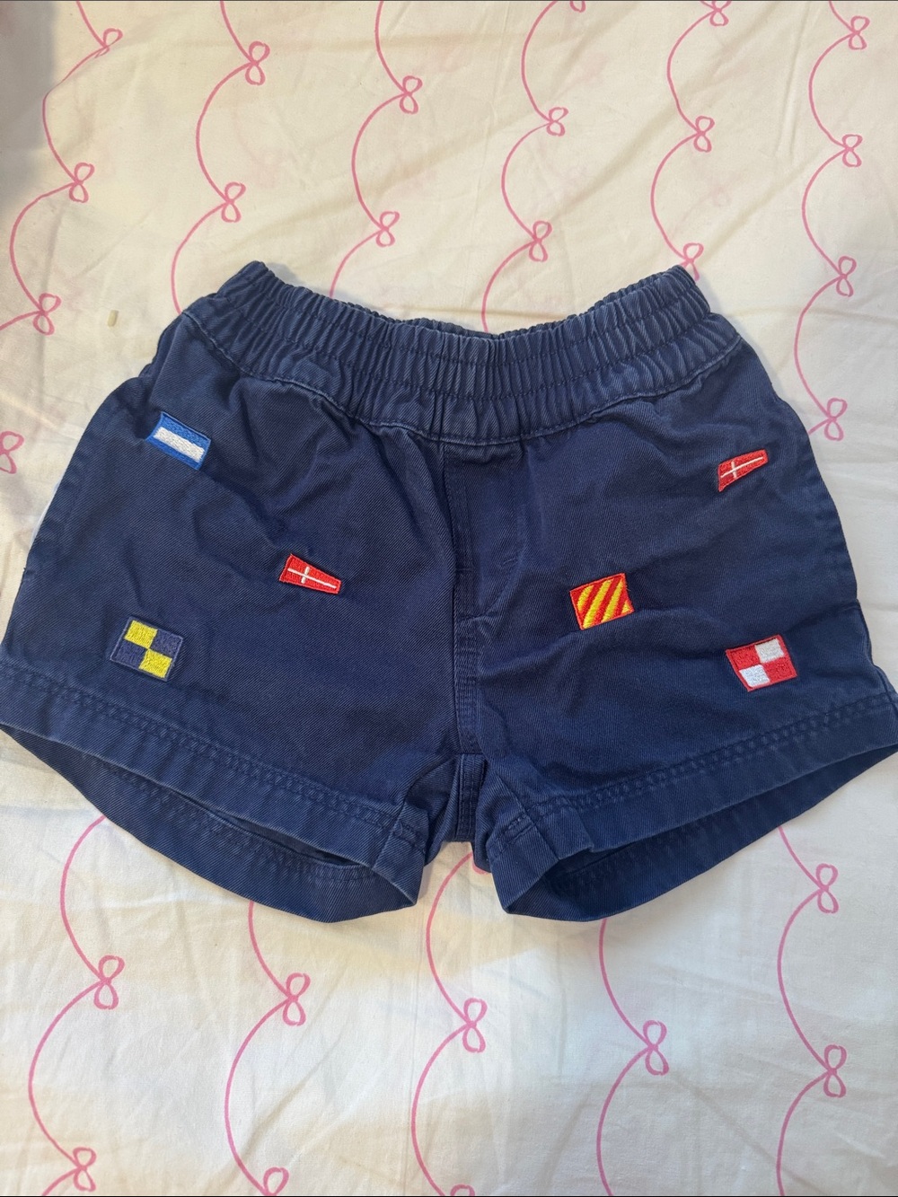The Beaufort Bonnet Company Navy Shorts with Nautical Flag Patches